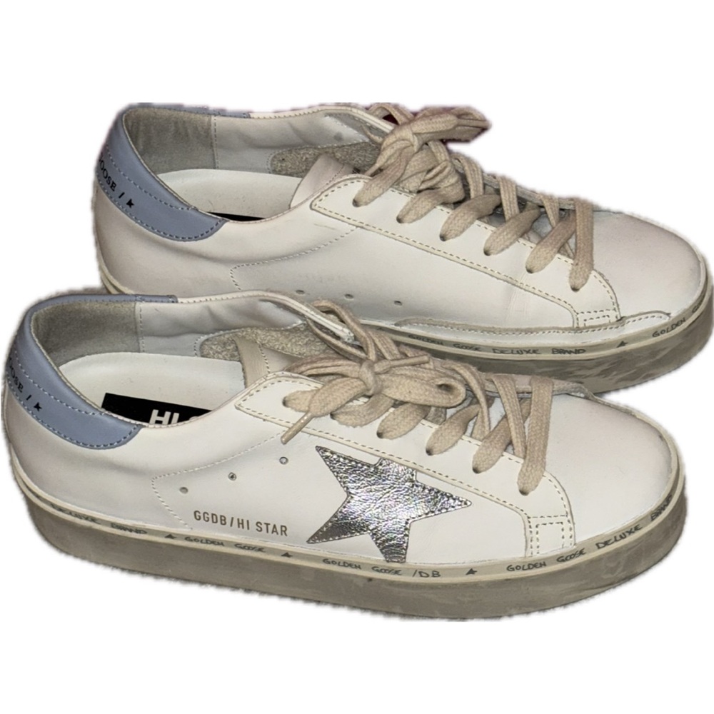Golden Goose Hi Star w/ platinum metallic leather star & light blue suede heel
